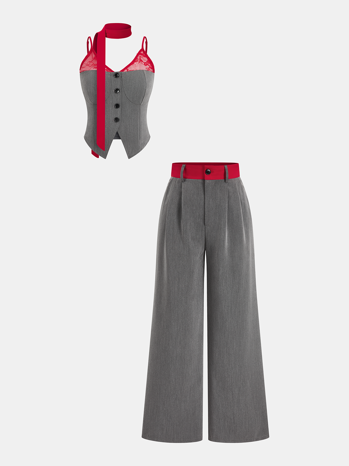 Contrast Lace Cami Vest & Pants Set with Scarf