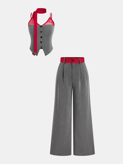 Contrast Lace Cami Vest & Pants Set with Scarf