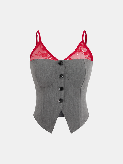 Contrast Lace Cami Vest & Pants Set with Scarf