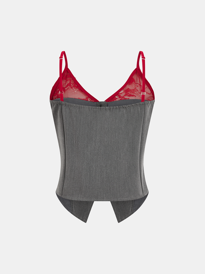 Contrast Lace Cami Vest & Pants Set with Scarf