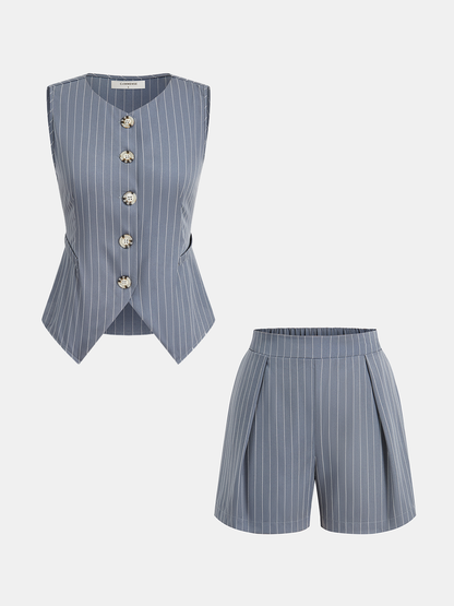 Striped Buttoned Vest & Pleated Shorts Set