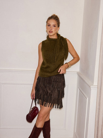 Tiered Fringe Suede Effect Mini Skirt