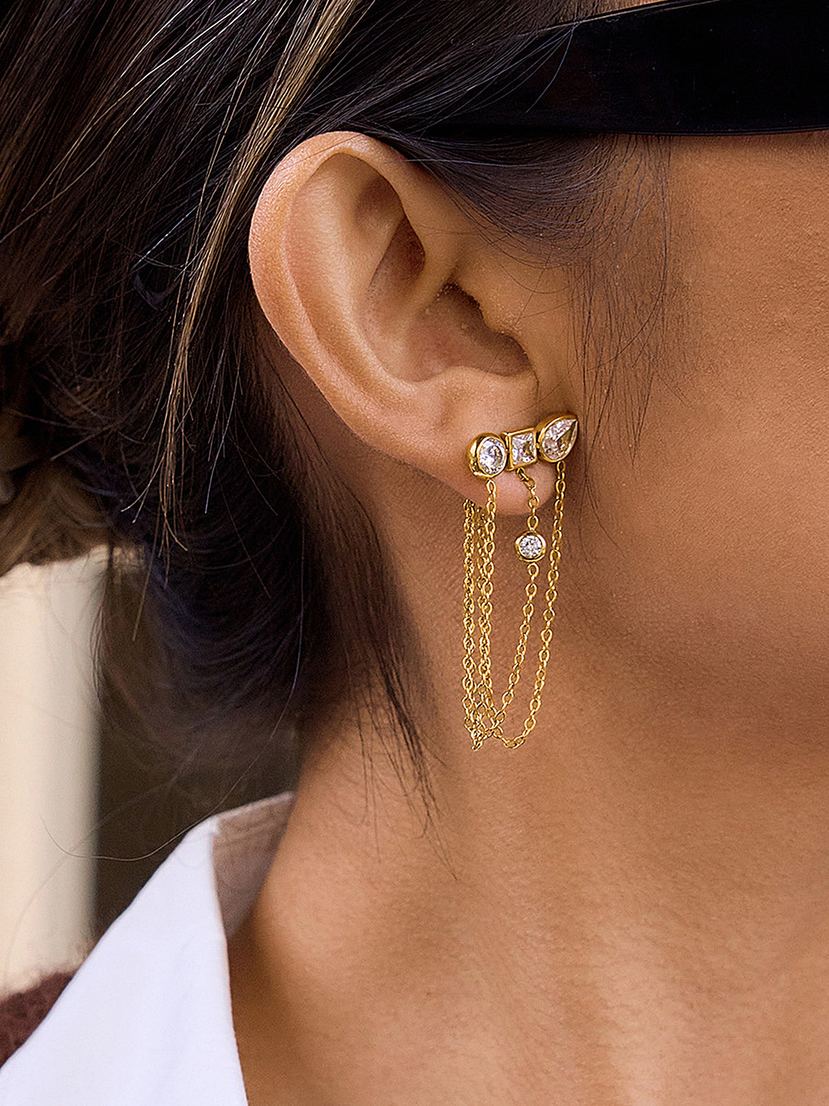 Multi-Stone Chain Drop Cluster Stud Earrings