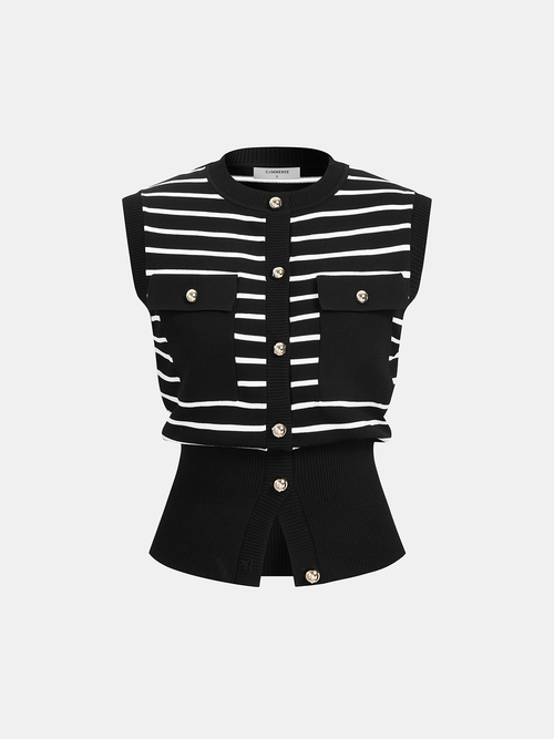 Striped Button-Front Sleeveless Knit Cardigan