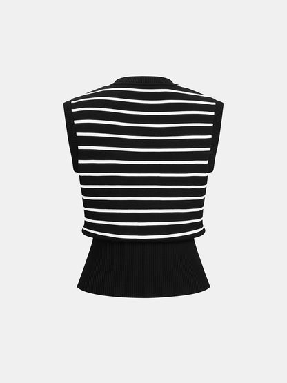 Striped Button-Front Sleeveless Knit Cardigan