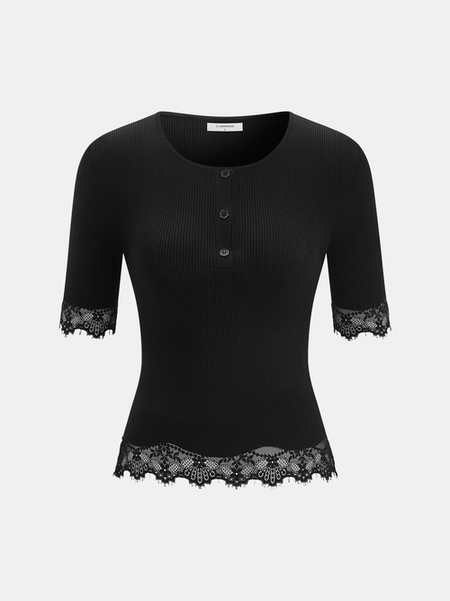 Lace Trim Button Front Ribbed Knit Top