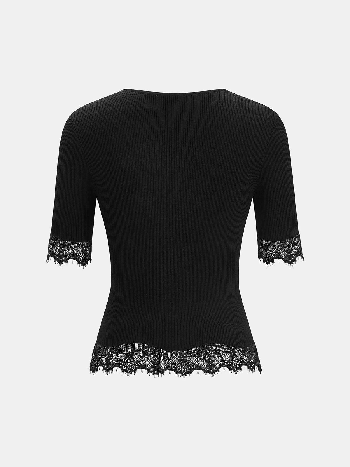 Lace Trim Button Front Ribbed Knit Top