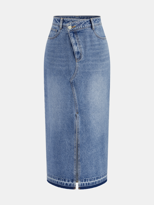 Denim Asymmetric Slit Midi Skirt