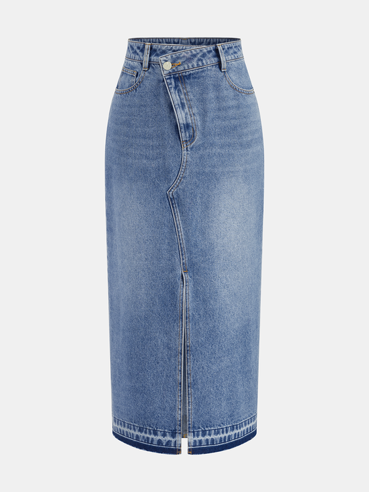 Denim Asymmetric Slit Midi Skirt
