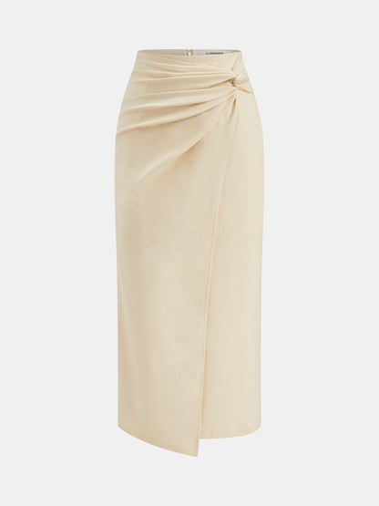 Cotton Linen Ruched Knot Midi Skirt
