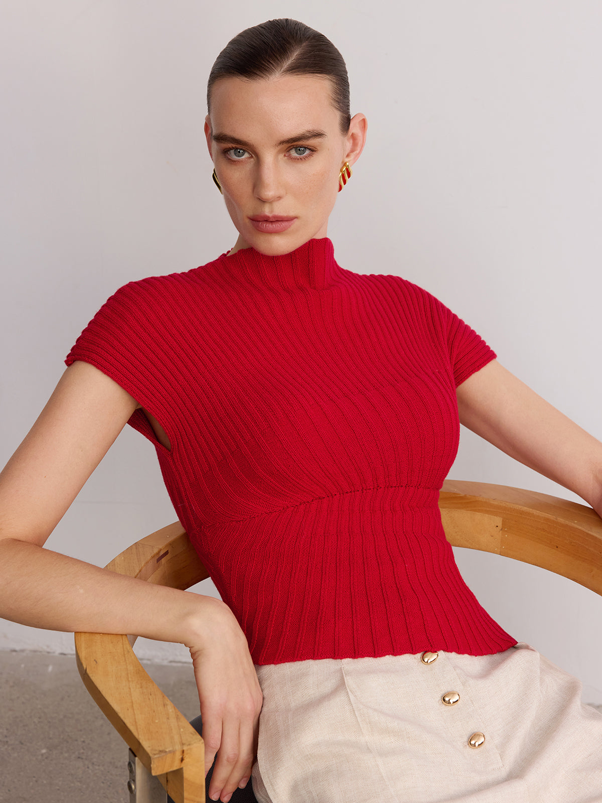 Wool Blend Ribbed Mock Neck Knit Top