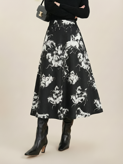 Ink Horse Print A-Line Midi Skirt
