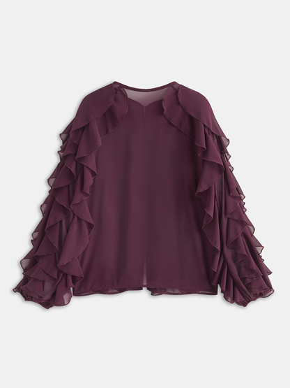 Semi-Sheer Chiffon Ruffled Long-Sleeve Blouse