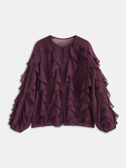 Semi-Sheer Chiffon Ruffled Long-Sleeve Blouse