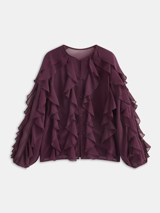 Semi-Sheer Chiffon Ruffled Long-Sleeve Blouse
