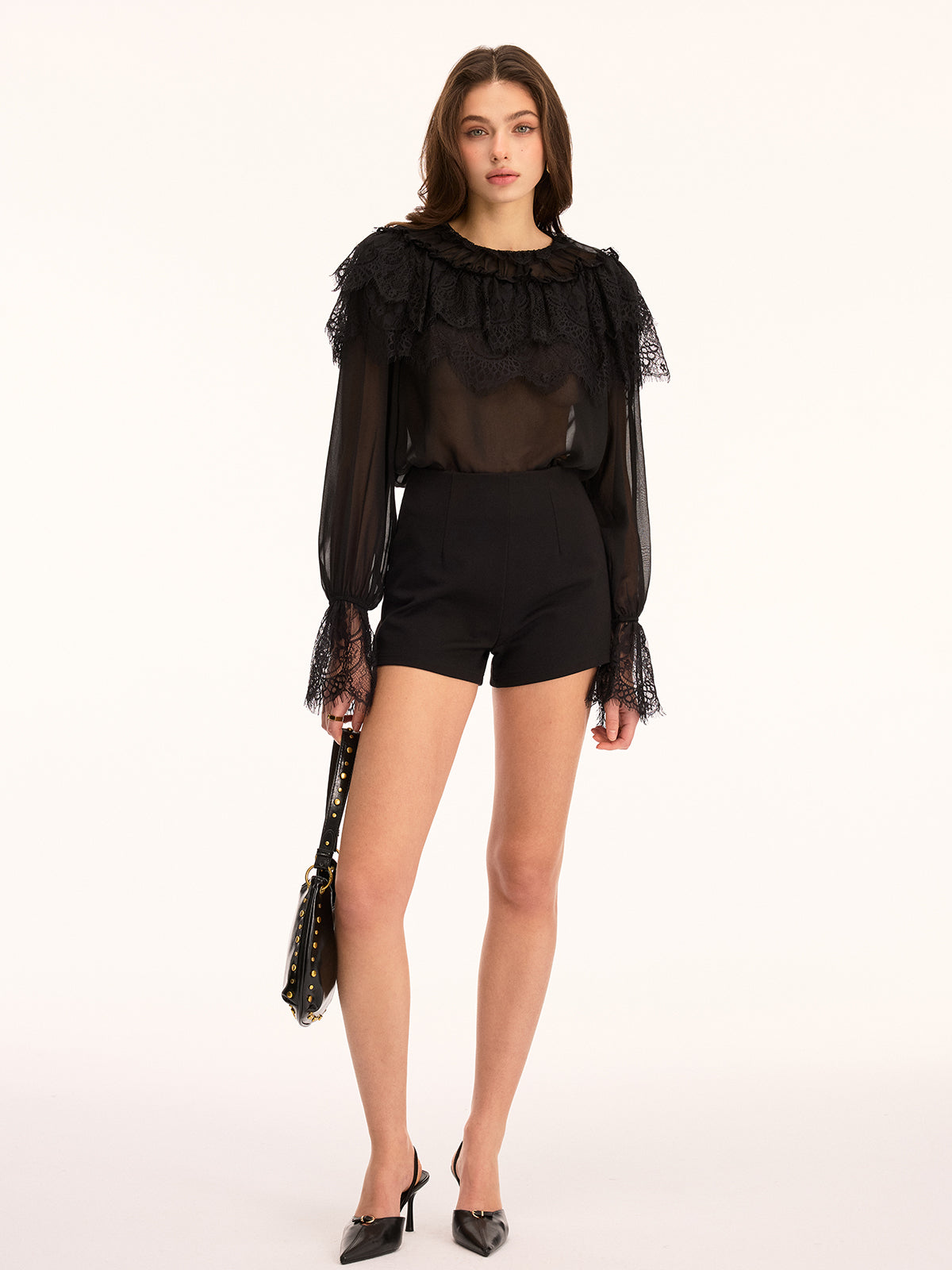 Lace Trim Sheer Long Sleeve Blouse