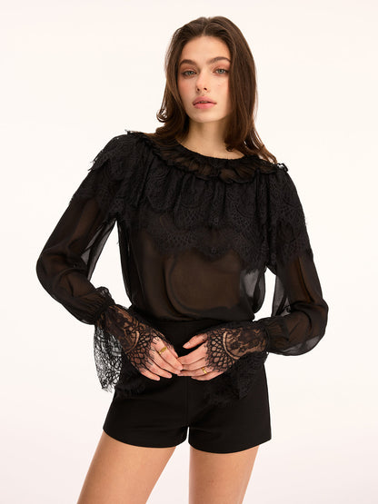 Lace Trim Sheer Long Sleeve Blouse