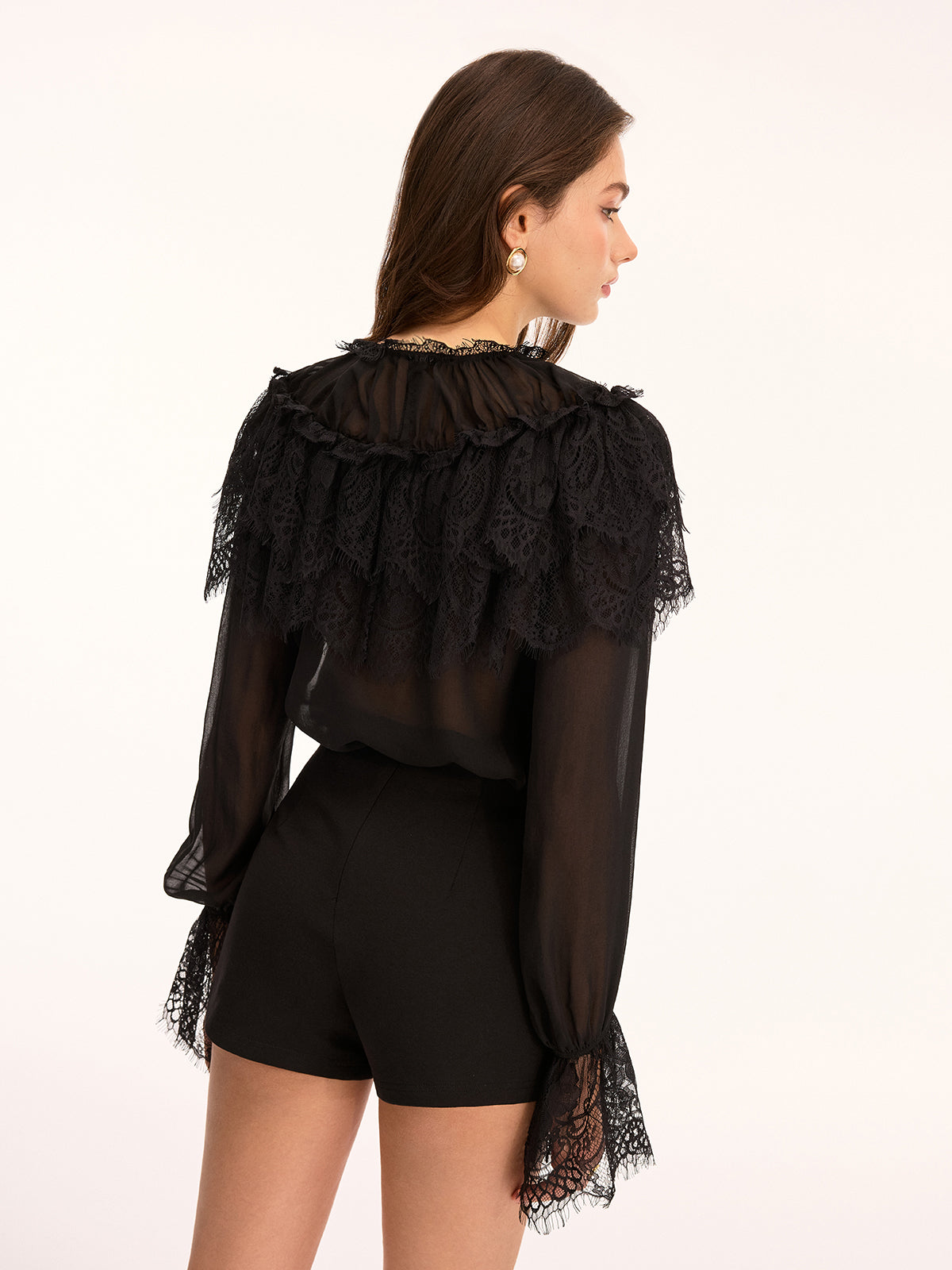 Lace Trim Sheer Long Sleeve Blouse