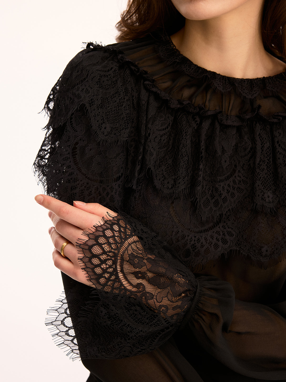 Lace Trim Sheer Long Sleeve Blouse