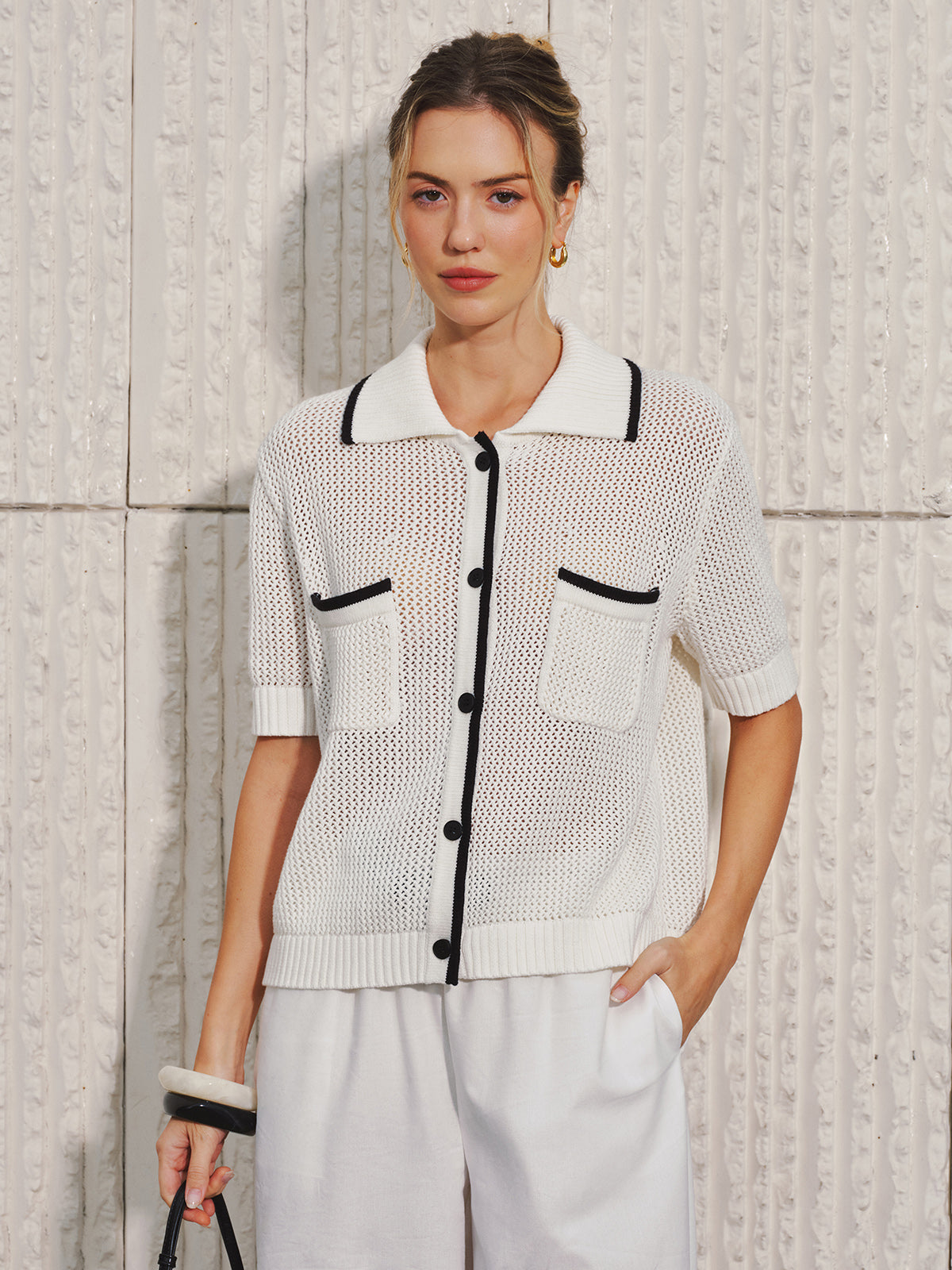 Collared Contrast Trim Open Knit Cardigan