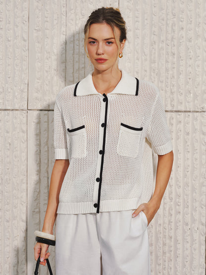 Collared Contrast Trim Open Knit Cardigan