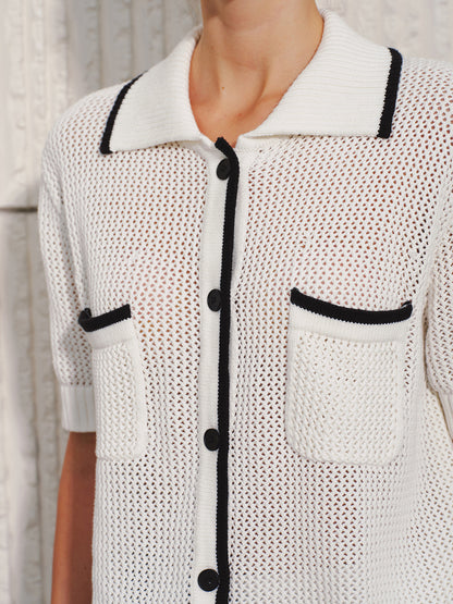 Collared Contrast Trim Open Knit Cardigan