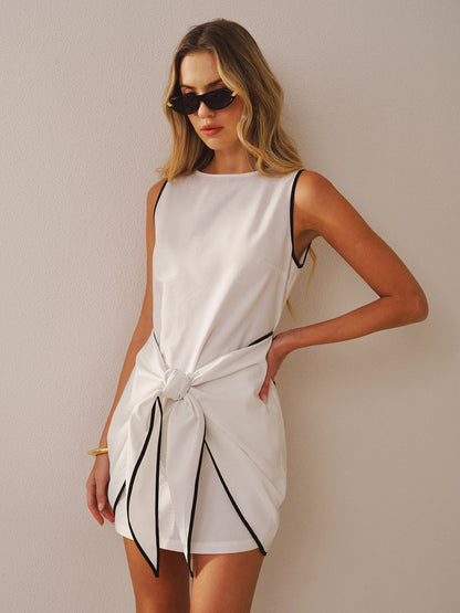 Sleeveless Cotton-Linen Knot-Waist Mini Dress