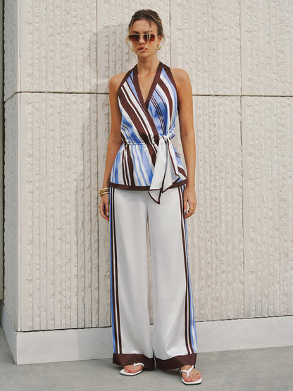 Halter Striped Satin Tie-Waist Blouse