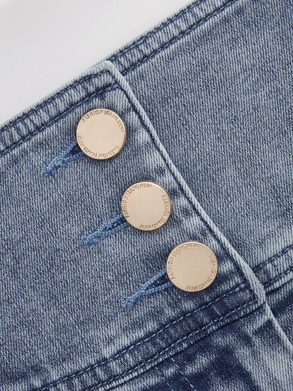 High Waisted Buttoned Flared Denim Skirt