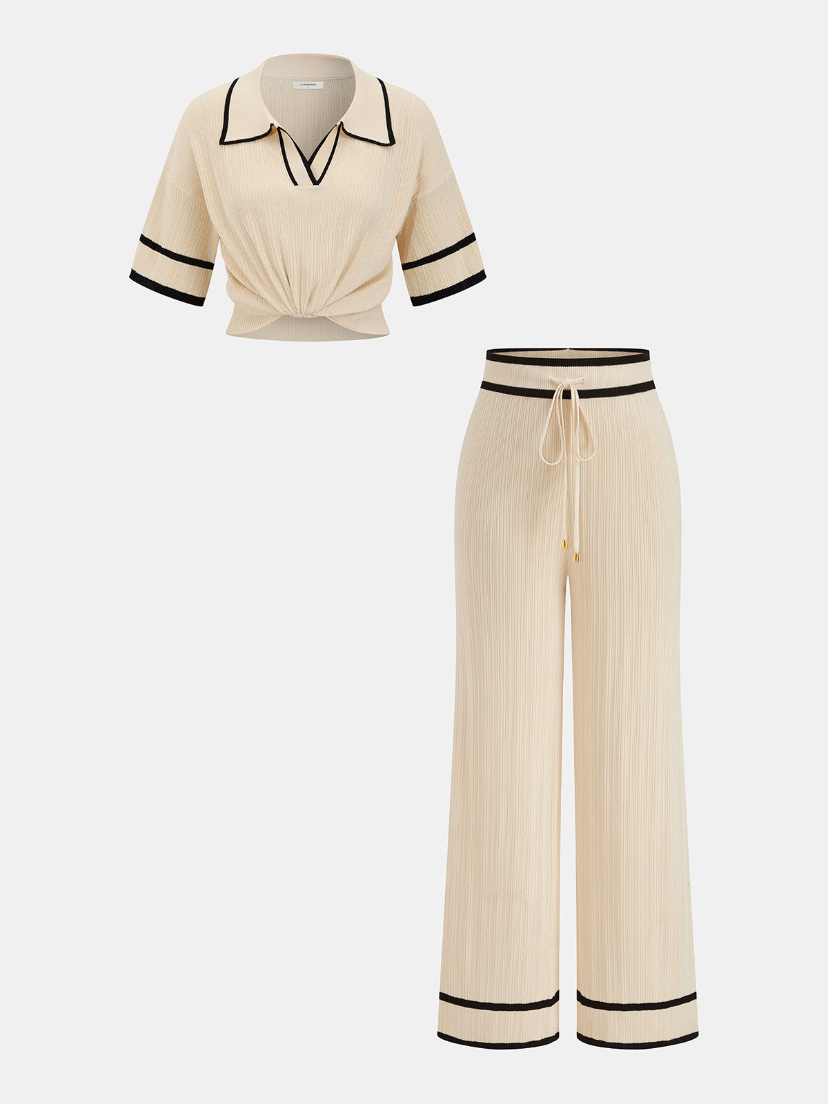 Contrast Trim Polo Top & Drawstring Pants Set