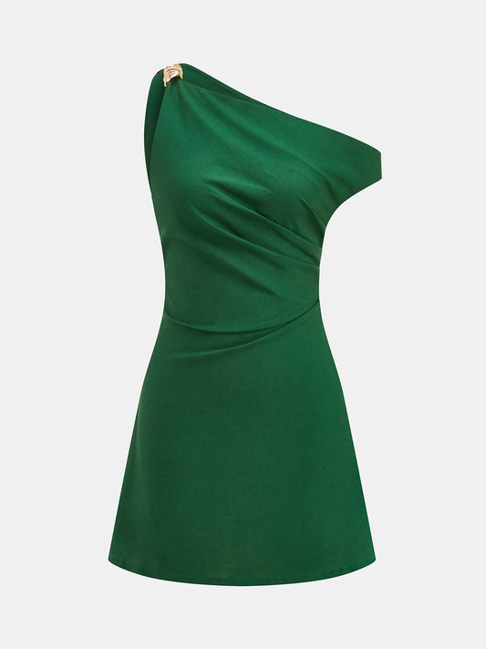 One Shoulder Ruched Linen Blend Mini Dress