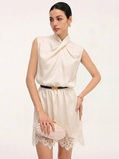 Lace Trim Satin Cross Neck Sleeveless Dress