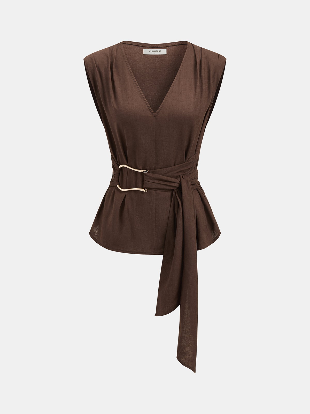 Tie-Waist V-Neck Linen Blend Sleeveless Blouse