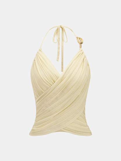 Metal Ring Ruched Wrap Halter Tank Top