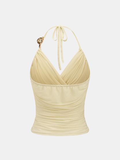 Metal Ring Ruched Wrap Halter Tank Top
