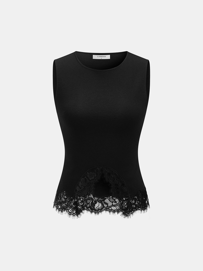 Lace Trim Fitted Ribbed Knit Tank Top
