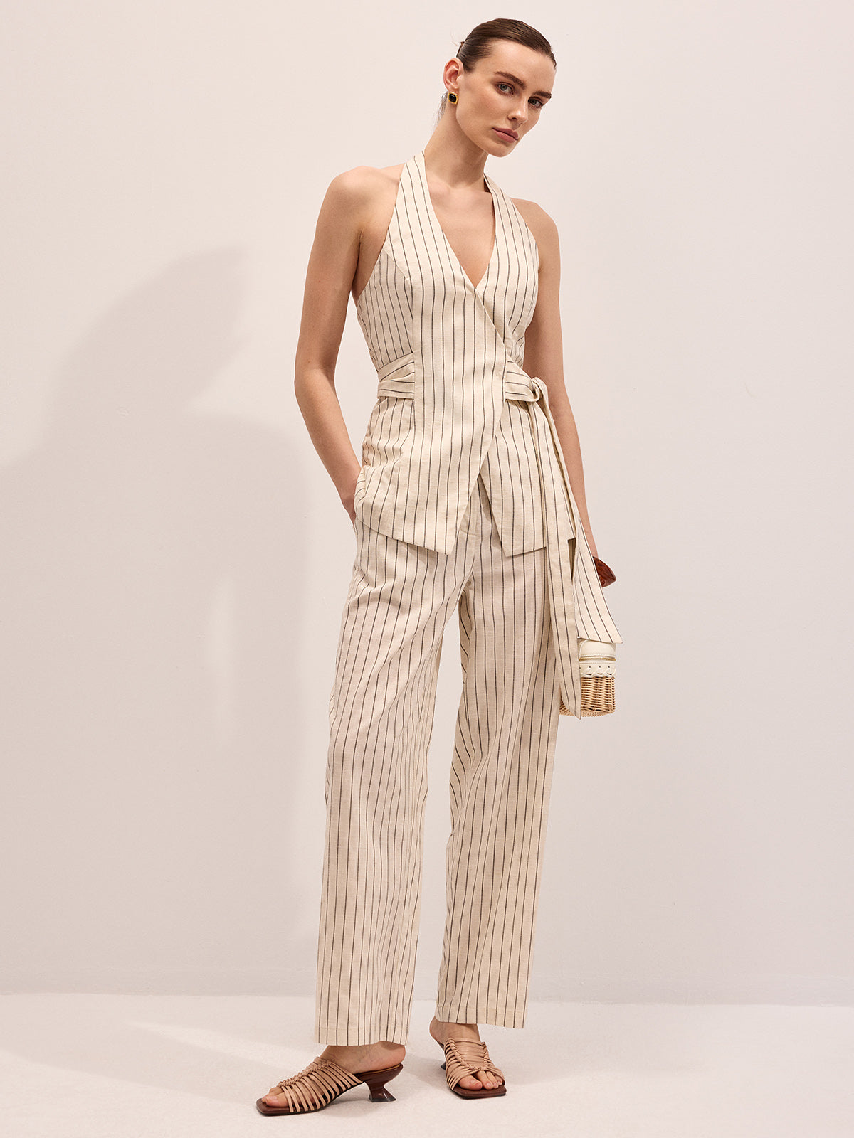 Striped Cotton Linen Halter Vest & Pants Set