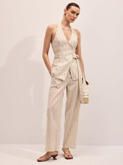 Striped Cotton Linen Halter Vest & Pants Set