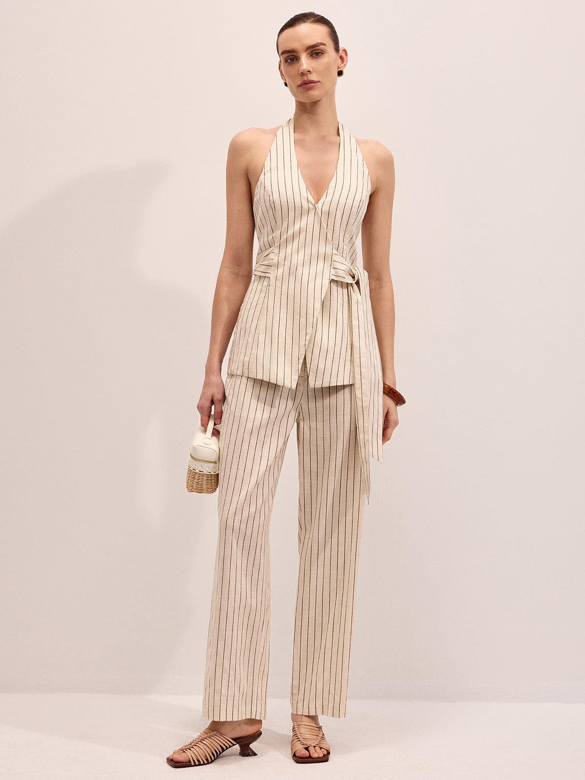 Striped Cotton Linen Halter Vest & Pants Set