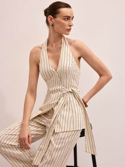 Striped Cotton Linen Halter Vest & Pants Set