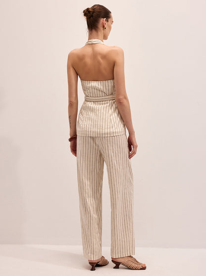Striped Cotton Linen Halter Vest & Pants Set