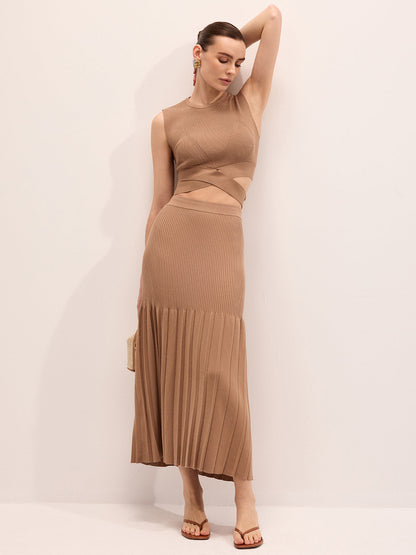 Cut-Out Knit Top & Pleated Midi Skirt Set