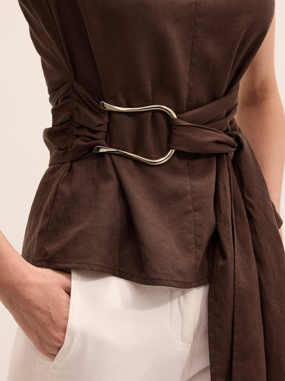 Tie-Waist V-Neck Linen Blend Sleeveless Blouse
