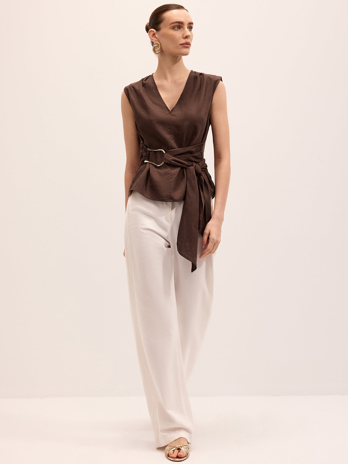 Tie-Waist V-Neck Linen Blend Sleeveless Blouse