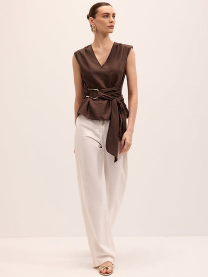 Tie-Waist V-Neck Linen Blend Sleeveless Blouse