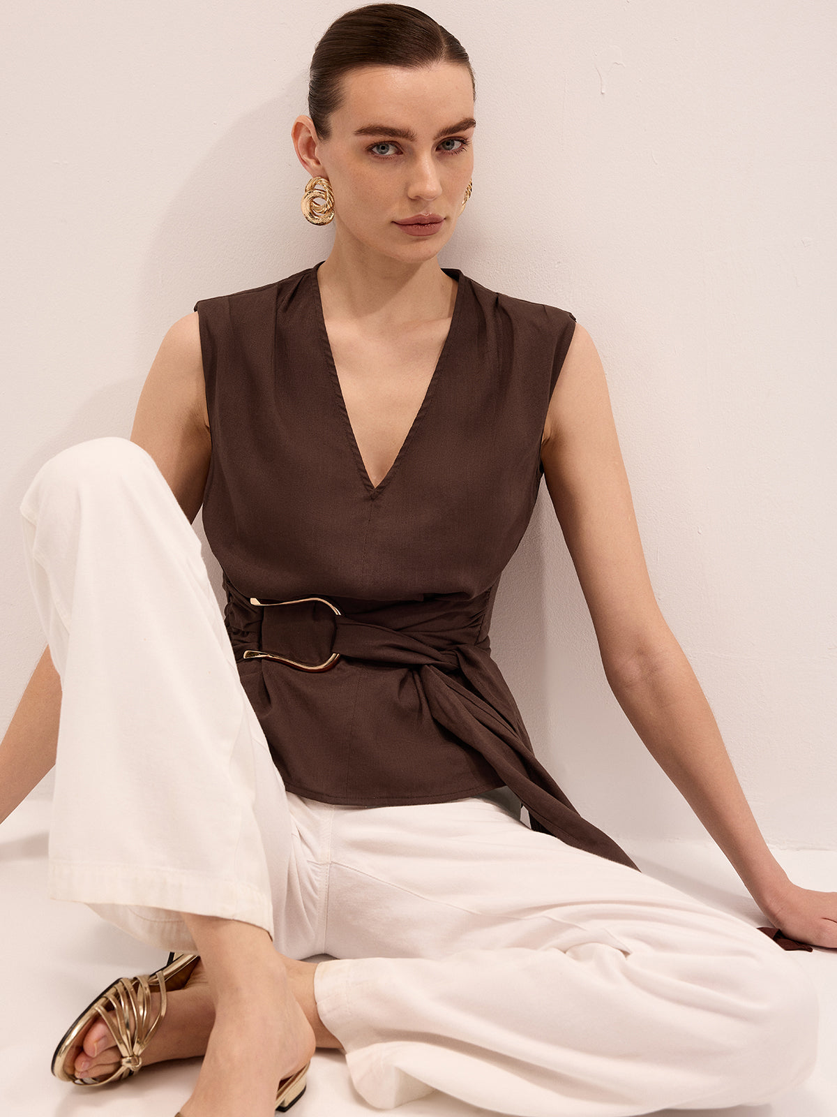 Tie-Waist V-Neck Linen Blend Sleeveless Blouse