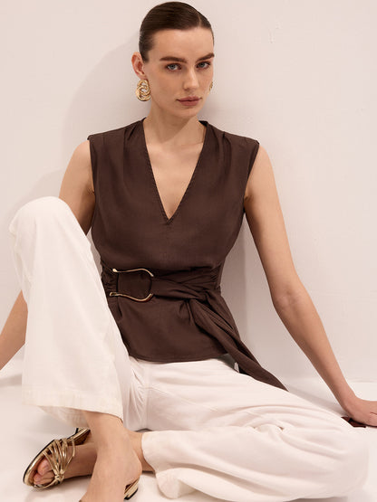 Tie-Waist V-Neck Linen Blend Sleeveless Blouse