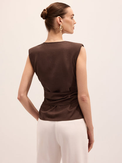 Tie-Waist V-Neck Linen Blend Sleeveless Blouse