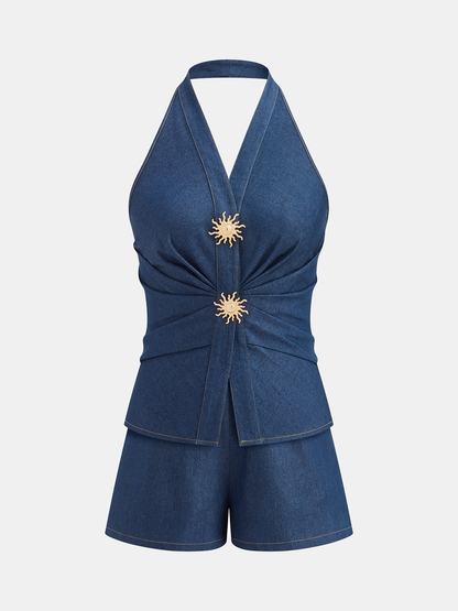 Cotton Blend Halter Vest & Shorts Set