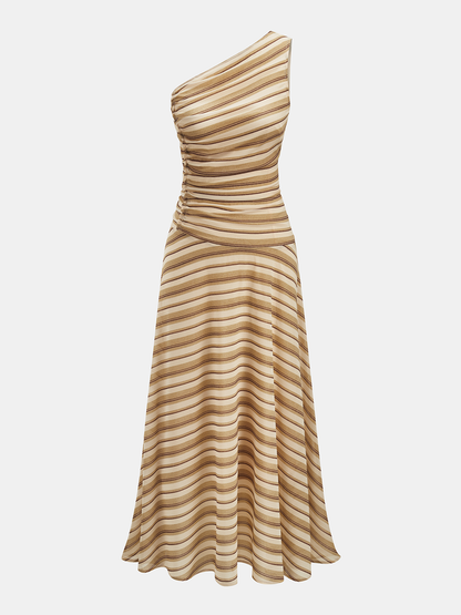 One Shoulder Ruched Striped Maxi Dress